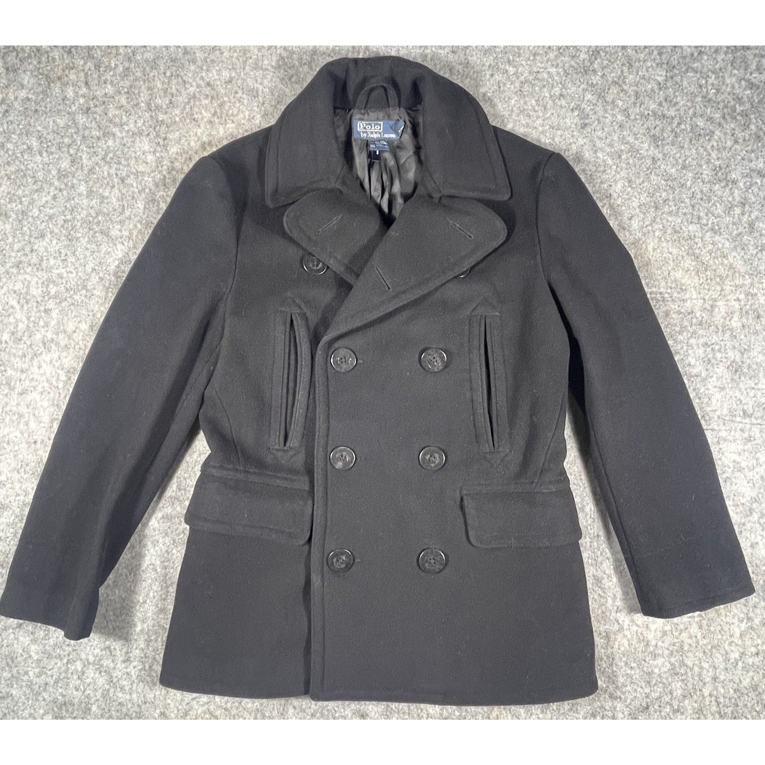Vintage Polo Ralph Lauren Double-Breasted Peacoat Black Wool Blend Naval Mens Sm